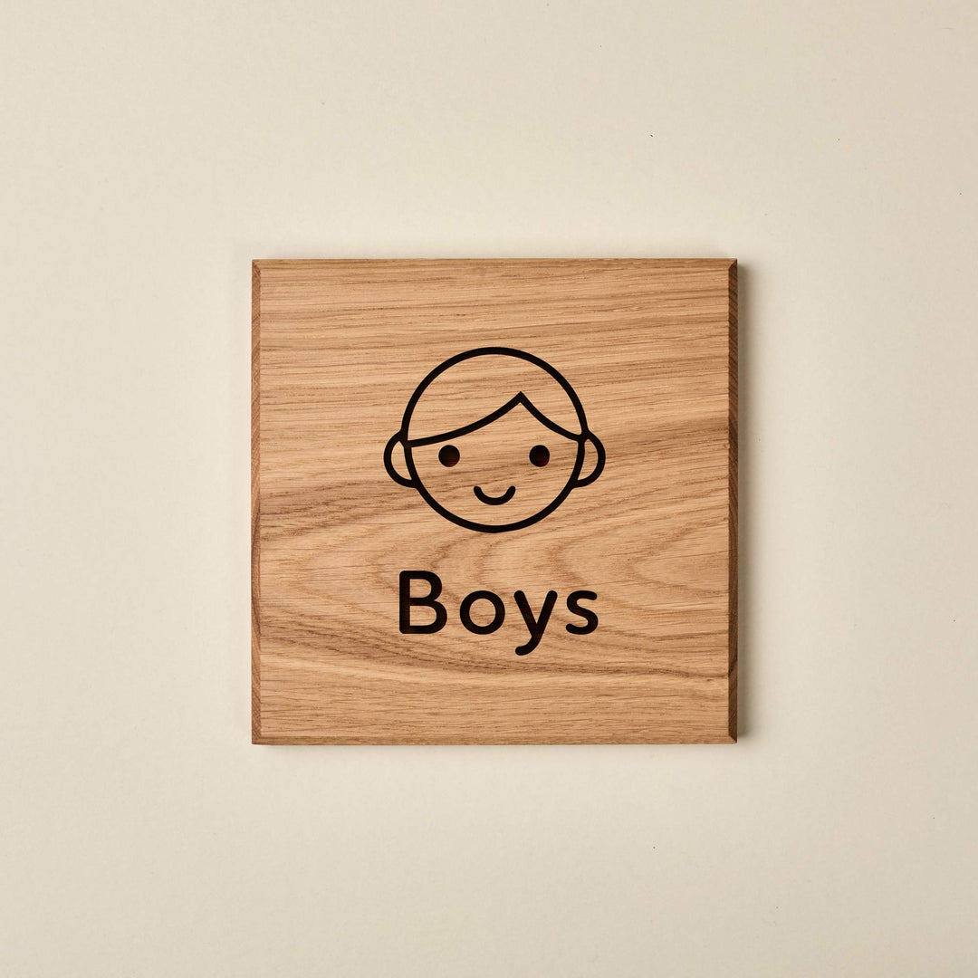 Wooden Oak Children's Toilet sign with a boy icon and 'Boys' engraved text 