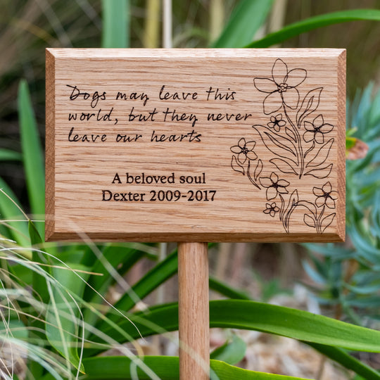 Oak Plaque with stake, engraved with design and text