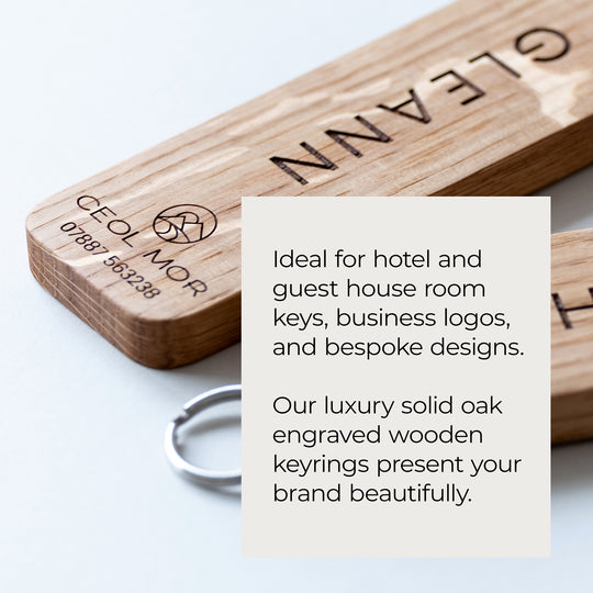 Wooden engraved keyring with text on a light background