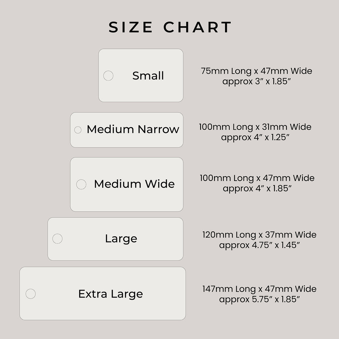 Size chart for labels with dimensions and descriptions on a gray background