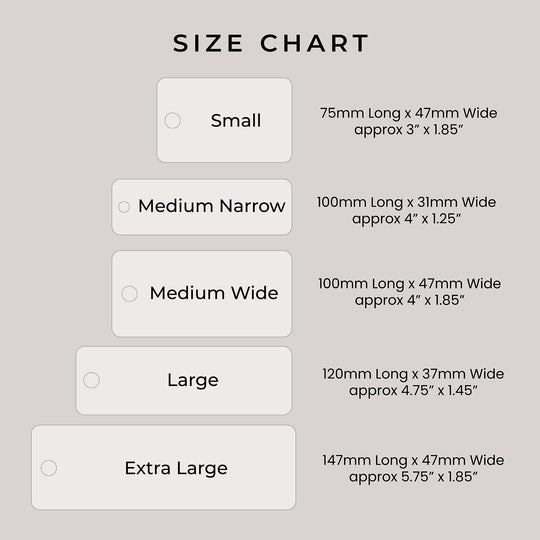 Size chart for labels with dimensions and descriptions on a gray background