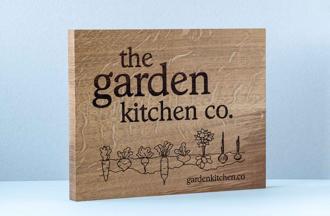 Oak Business Plaque engraved with Business Logo and text- the garden kitchen co with business vegetable branding design. 