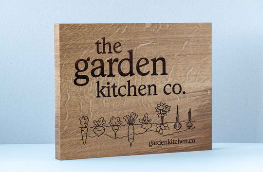 Oak Business Plaque engraved with Business Logo and text- the garden kitchen co with business vegetable branding design. 