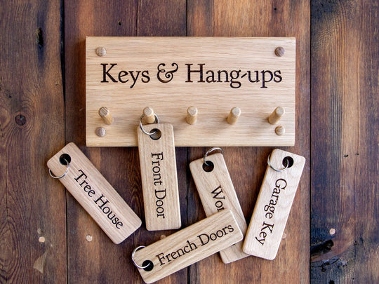 Oak Shaker Peg Rail with 5 pegs, engraved Keys & Hangups with 5 engraved key fobs.