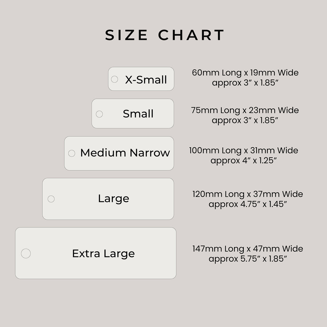 Size chart for different dimensions of a product on a gray background