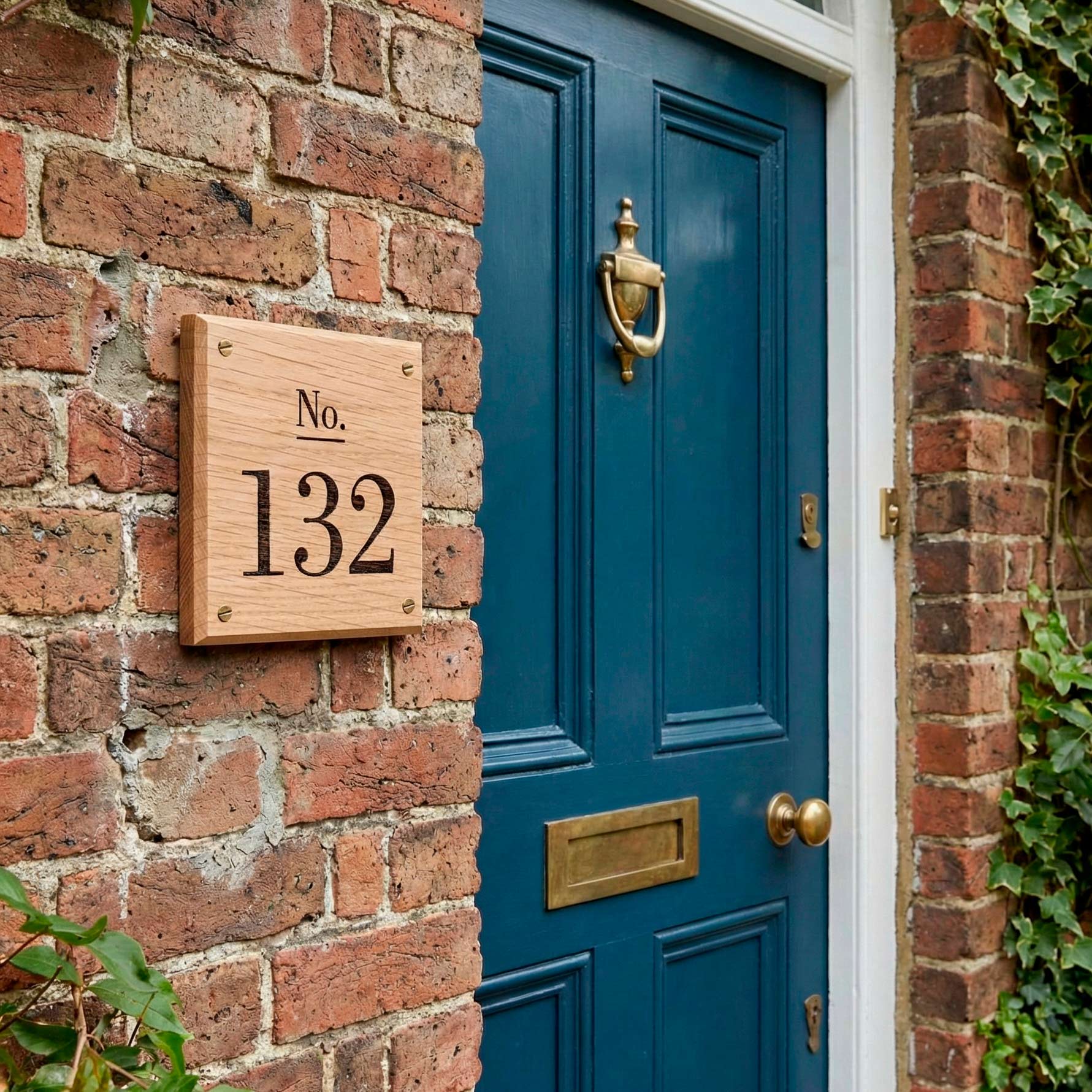 Handcrafted 22mm solid oak house number sign with beveled edges and serif font engraving, mounted on a Victorian period property with red brick wall next to a blue heritage door with brass hardware.