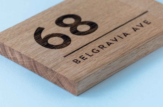 Oak House Number Sign - Corner Profile, close up detailing engraving 68, Belgravia  Ave